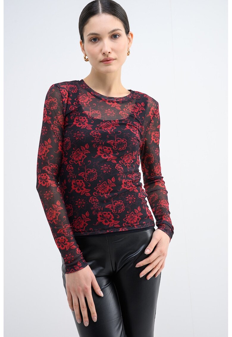 Vero Moda Bluza cu decolteu rotund si imprimeu - Rosu/Negru