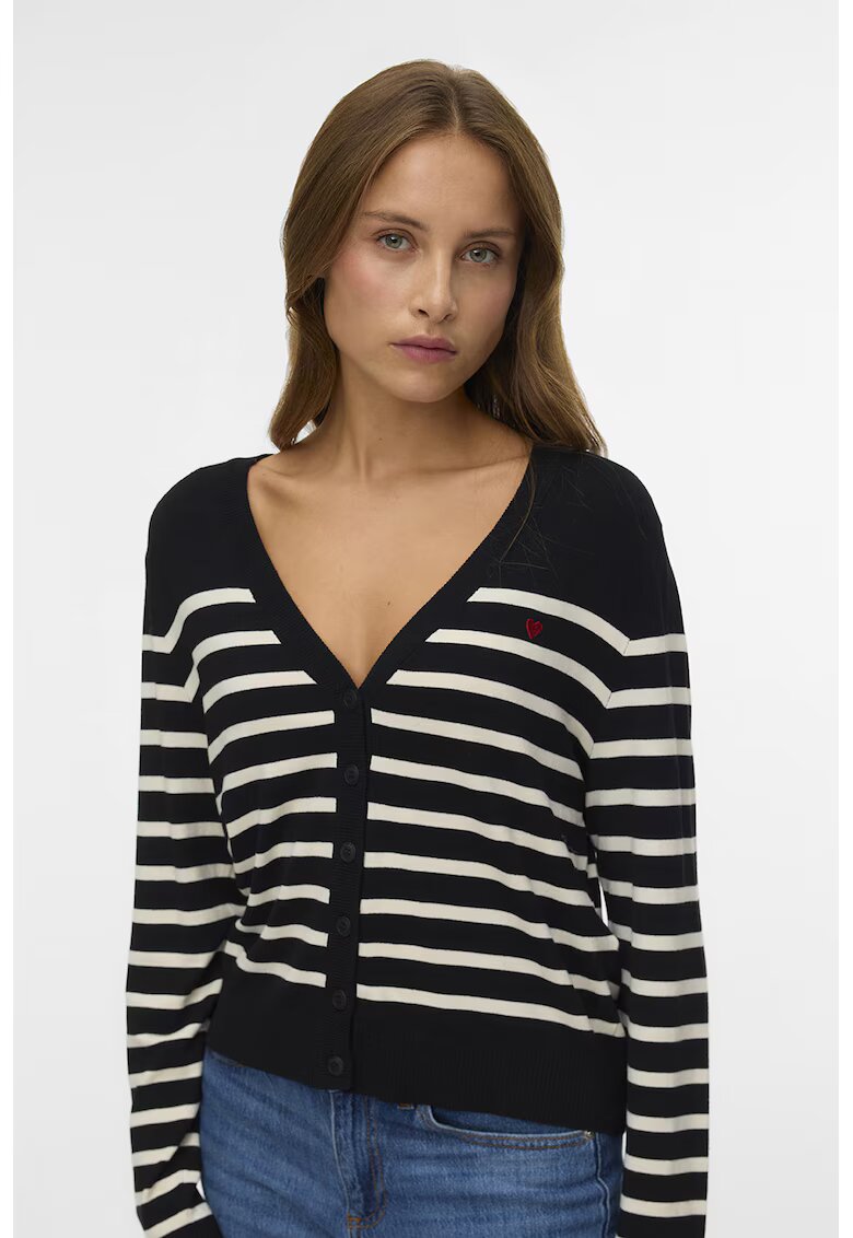 Vero Moda Cardigan cu decolteu in V si model in dungi - Alb/Negru