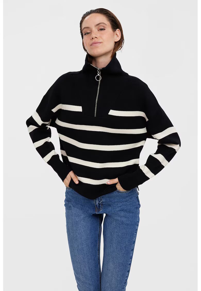 Vero Moda Pulover in dungi cu fermoar scurt - Alb fildes/Negru stins
