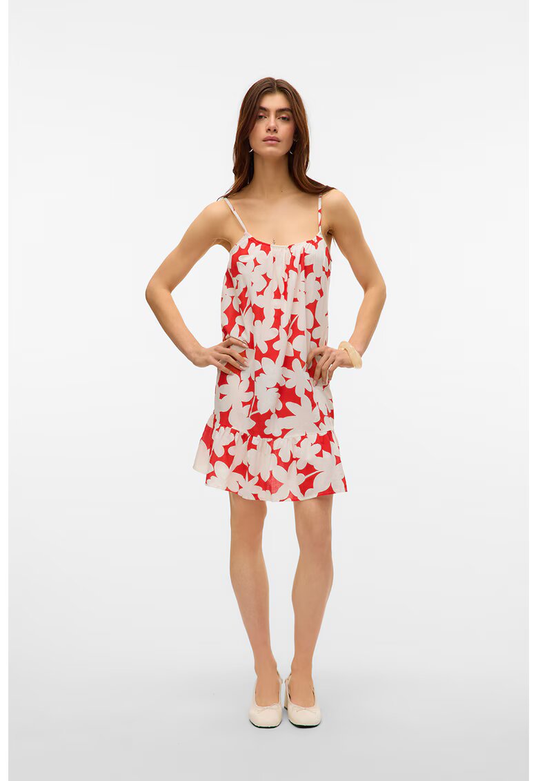 Vero Moda Rochie mini cu model floral si terminatie cu volane - Rosu/Alb