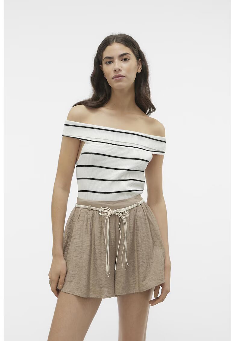 Vero Moda Tricou cu model in dungi si decolteu pe umeri - Alb/Negru