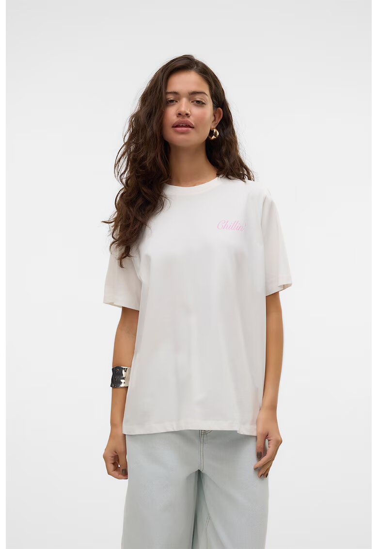 Vero Moda Tricou de bumbac organic cu imprimeu contrastant - Alb/Roz