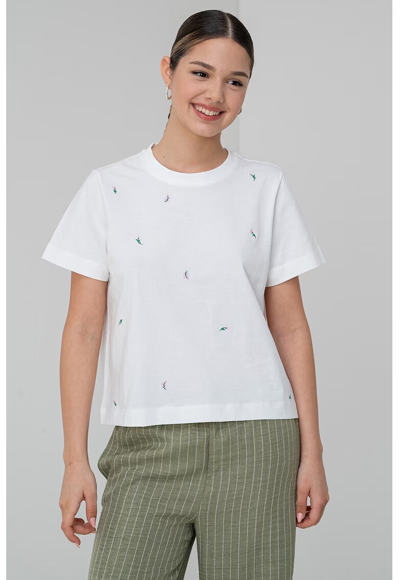 Vero Moda Tricou din bumbac organic cu broderie - Alb/Verde/Roz