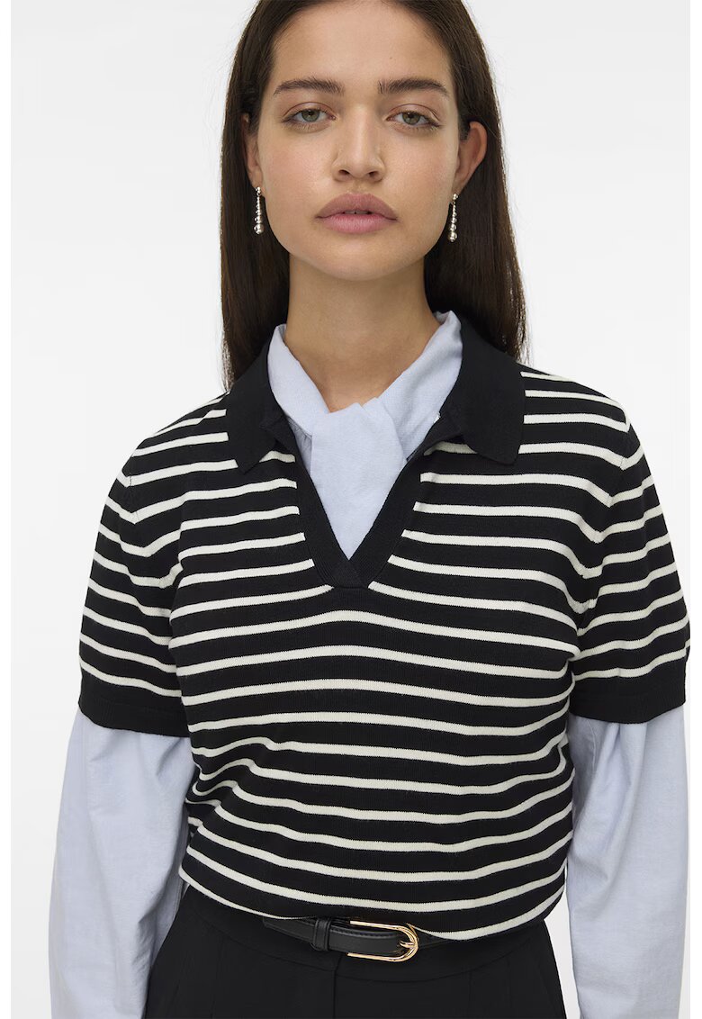 Vero Moda Tricou polo cu model in dungi - Negru/Bej