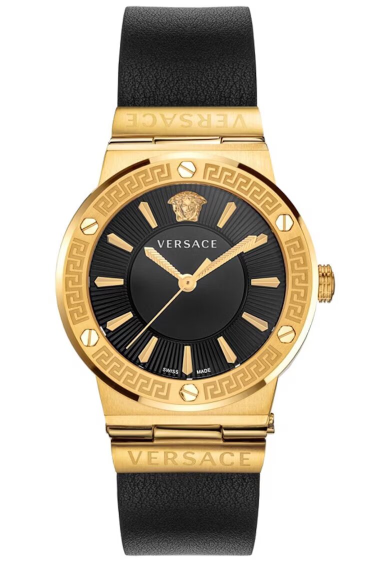 Versace Ceas dama model Greca Logo - inox/piele - 38mm - rezistent la apa 5 ATM - negru/auriu