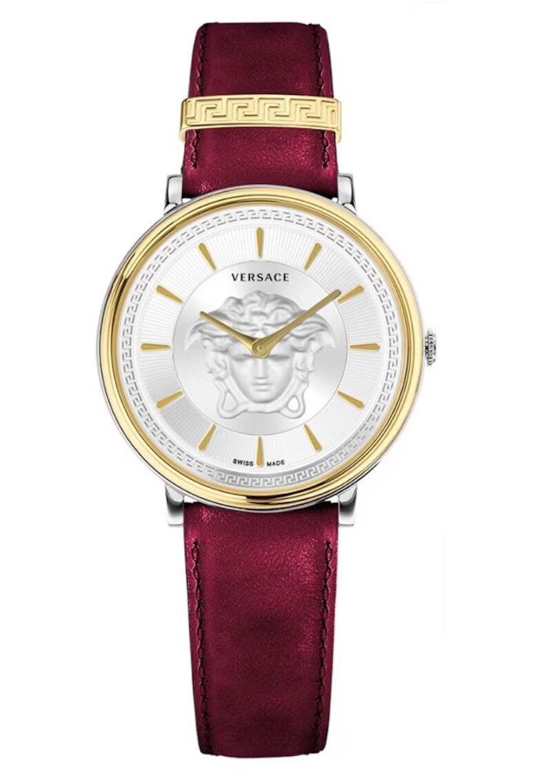 Versace Ceas dama V-Circle - inox/piele - 38mm - impermeabilitate 5 ATM - rosu/auriu