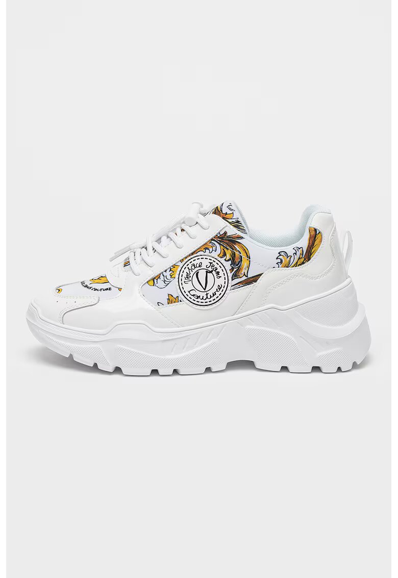 Versace Jeans Couture Pantofi sport cu talpa demi-wedge si garnituri din piele - Alb/Maro deschis