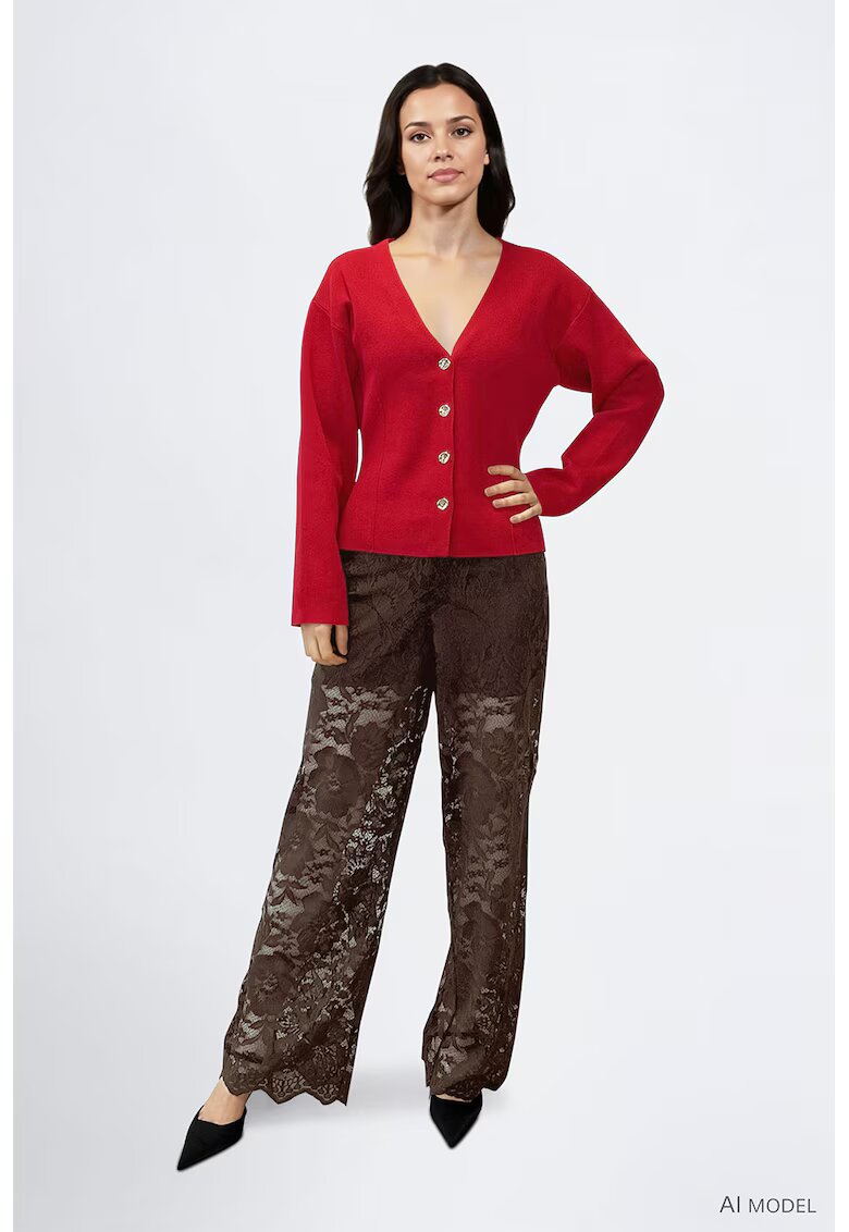 Vila Cardigan slim fit cu decolteu in V - Rosu vermillion