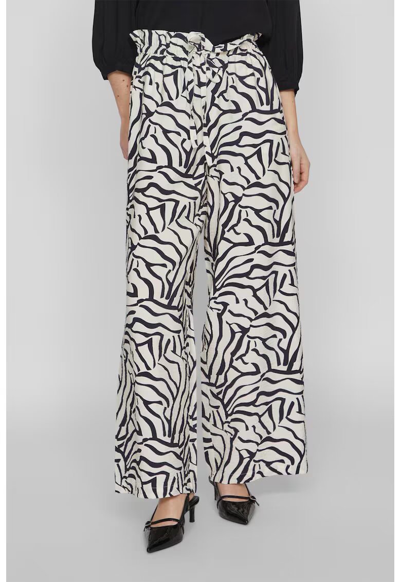 Vila Pantaloni ampli cu talie inalta - Negru stins/Alb optic