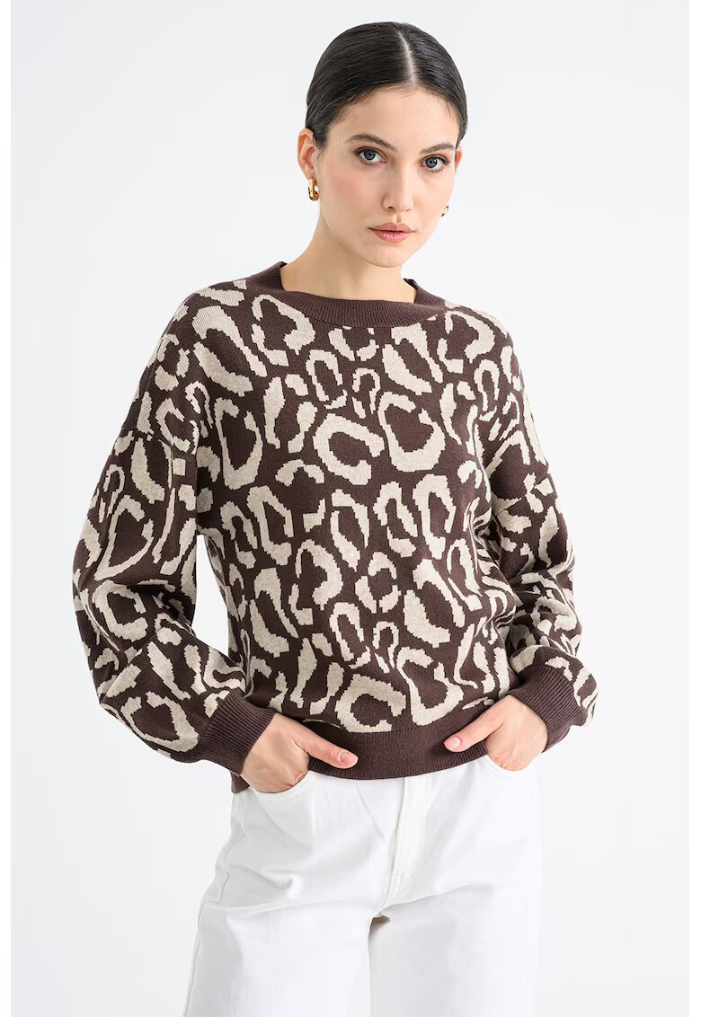 Vila Pulover cu maneci cazute si animal print - Maro inchis/Bej