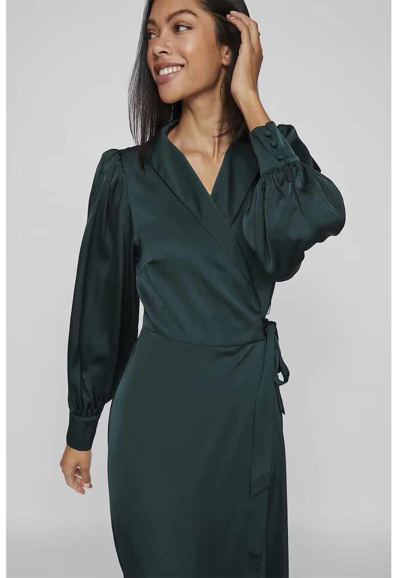 Vila Rochie midi de satin cu model petrecut - Verde inchis