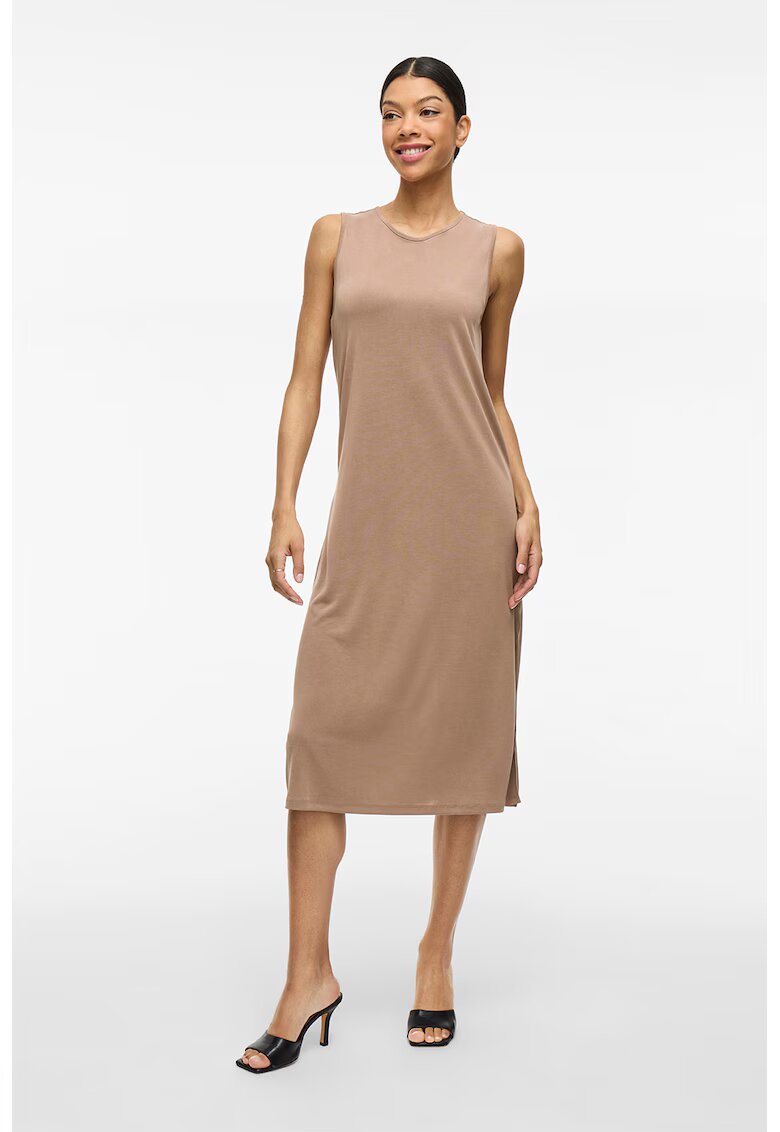 Vila Rochie midi din amestec de modal cu slit lateral - Bej