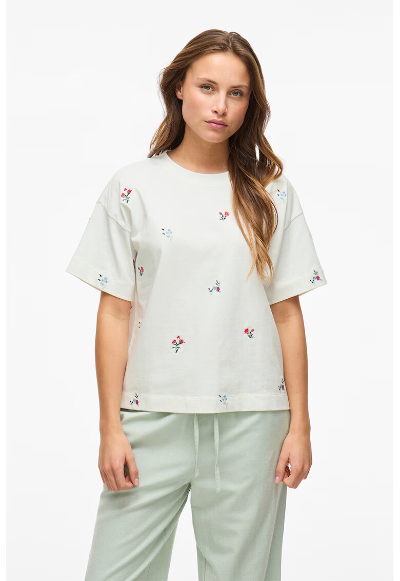 Vila Tricou cu decolteu rotund si flori brodate - Alb
