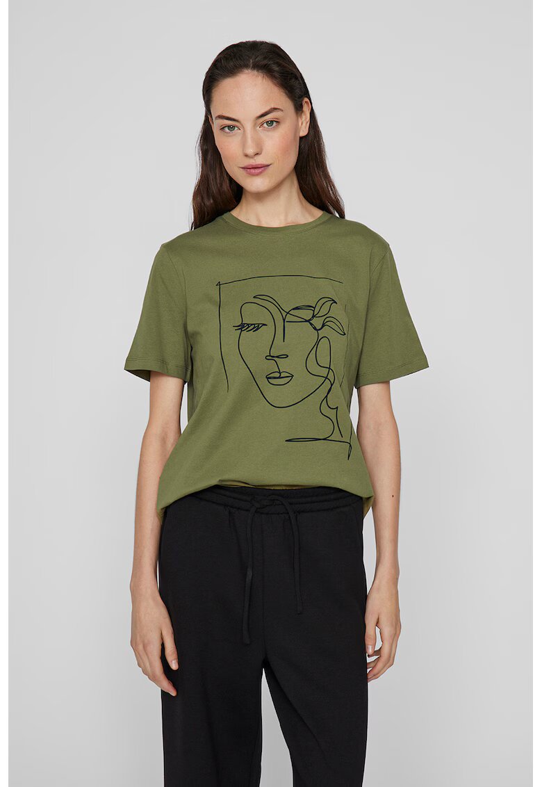 Vila Tricou din bumbac organic cu decolteu la baza gatului - Negru/Verde feriga