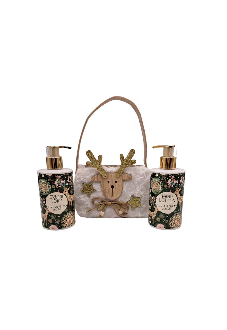 Vivian Gray Set 3 Piese Femei - Lotiune Maini 250 ml - Sapun Crema 250 ml - Gentuta Alba Motive De Craciun - Ceai Verde - Citrice
