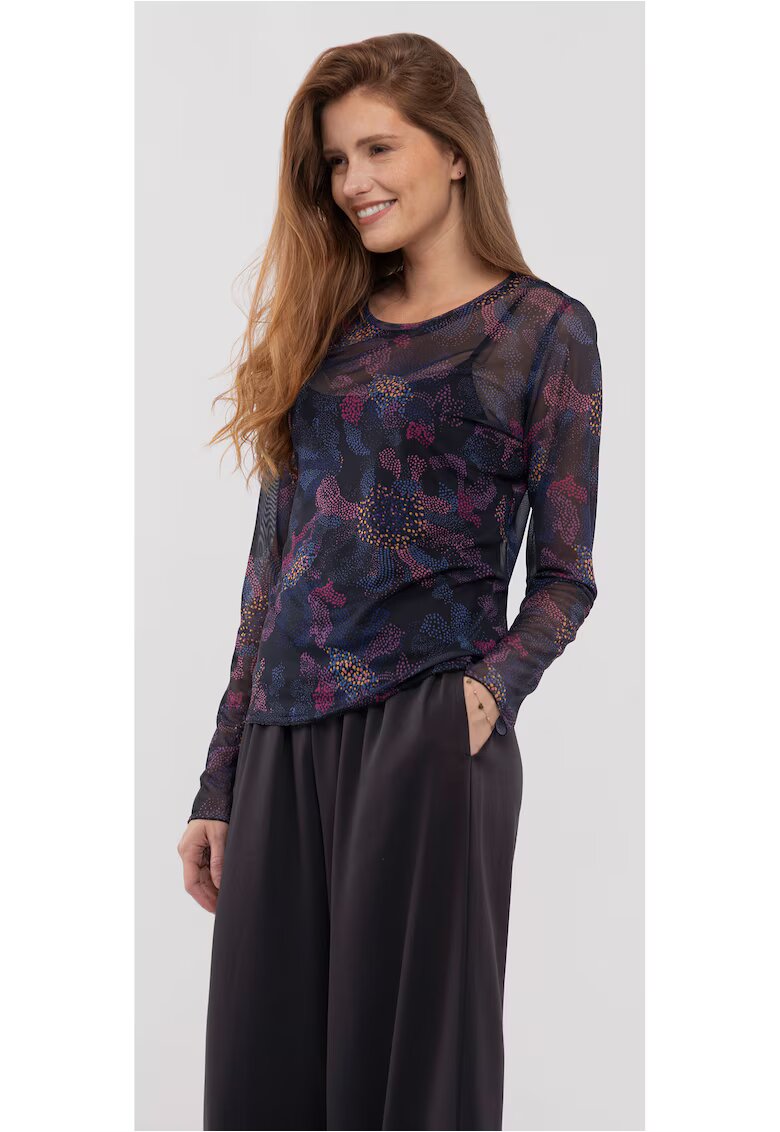 Volcano Bluza transparenta pentru femei L-Baila - negru cu imprimeu grafic - croiala ampla - Negru/Negru transparent