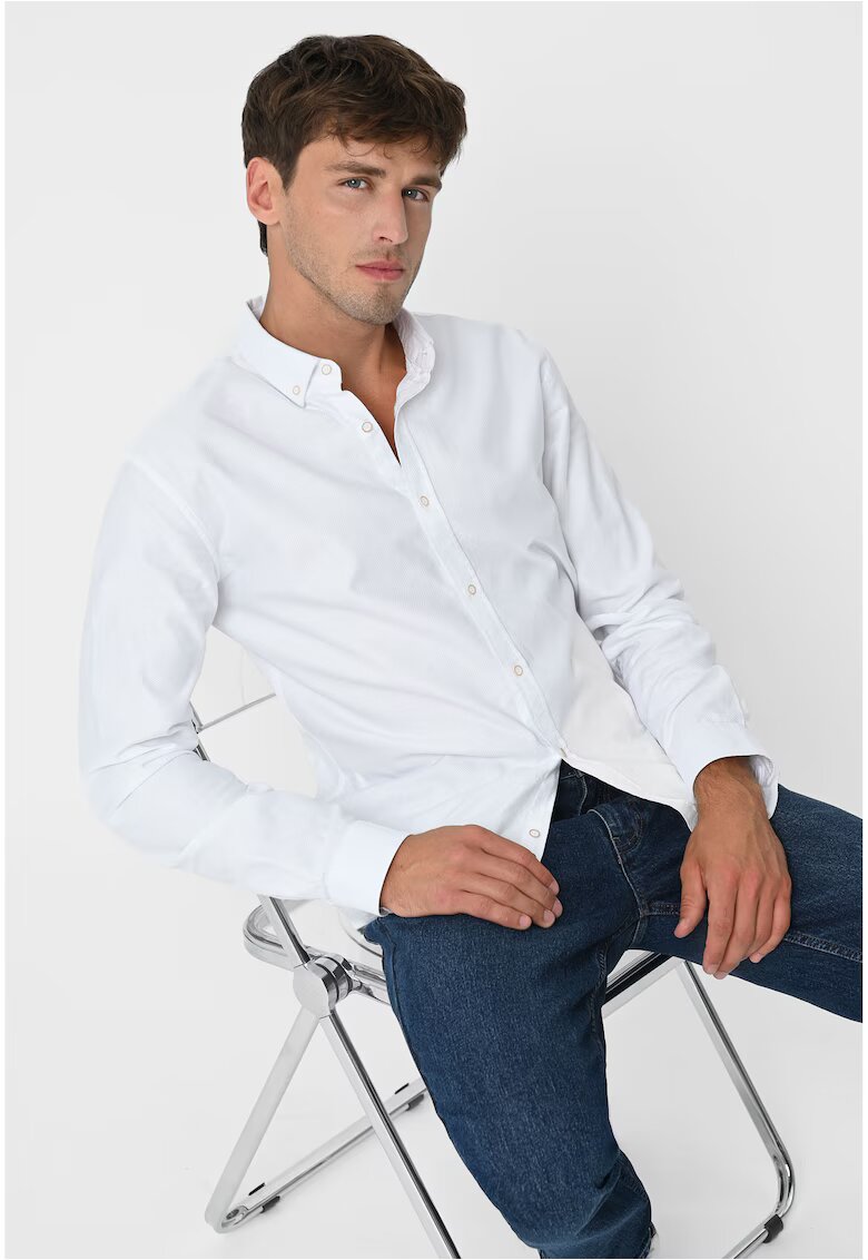 Volcano Camasa barbateasca din bumbac cu guler fixat cu nasturi - Slim Fit - K-Salix - Alba - Alb