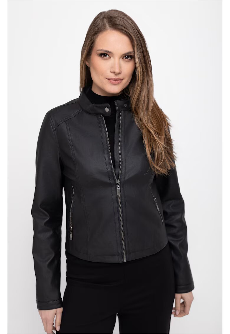 Volcano Jacheta dama - piele ecologica - fermoar - guler ridicat cu clapa - J-Fittya - Negru - Negru