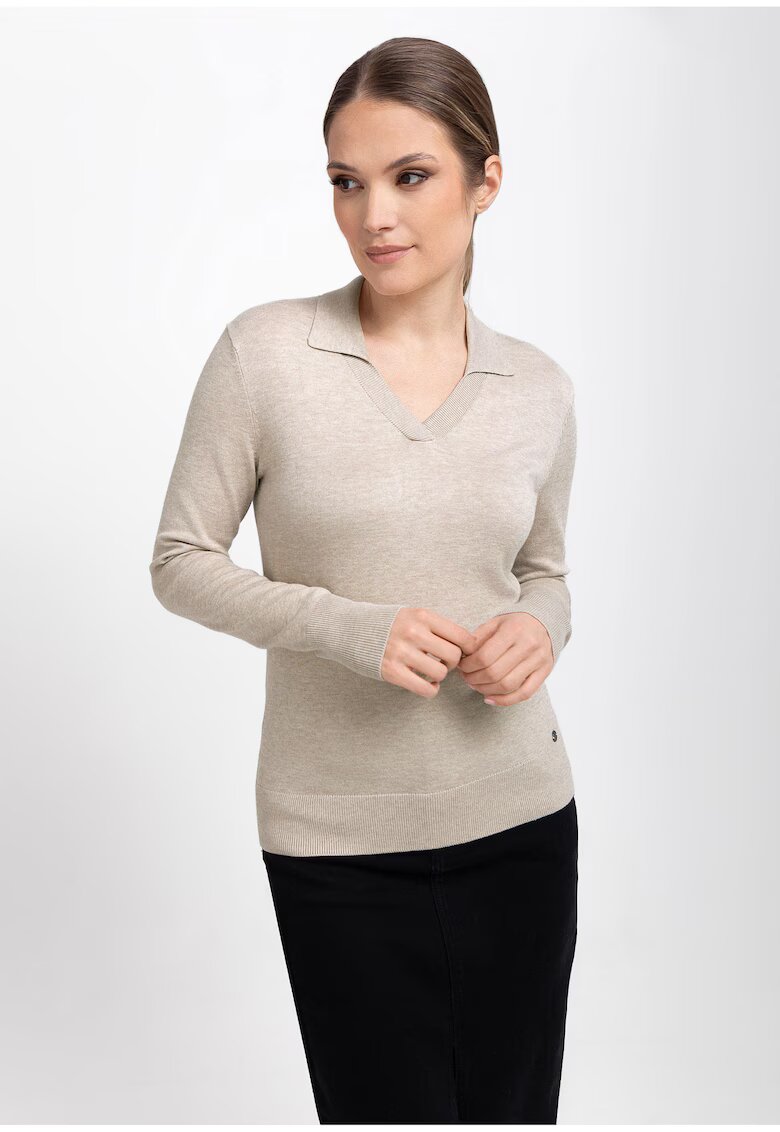 Volcano Pulover dama cu guler S-Toyo - decolteu in V - Slim Fit - bej melange - Bej melange