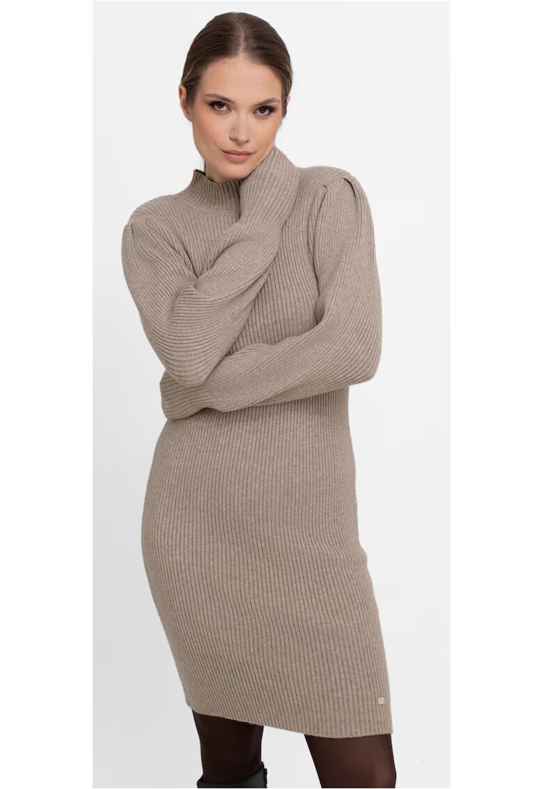Volcano Rochie midi tricotata cu maneci lungi - guler inalt - G-Nesca - bej - Bej