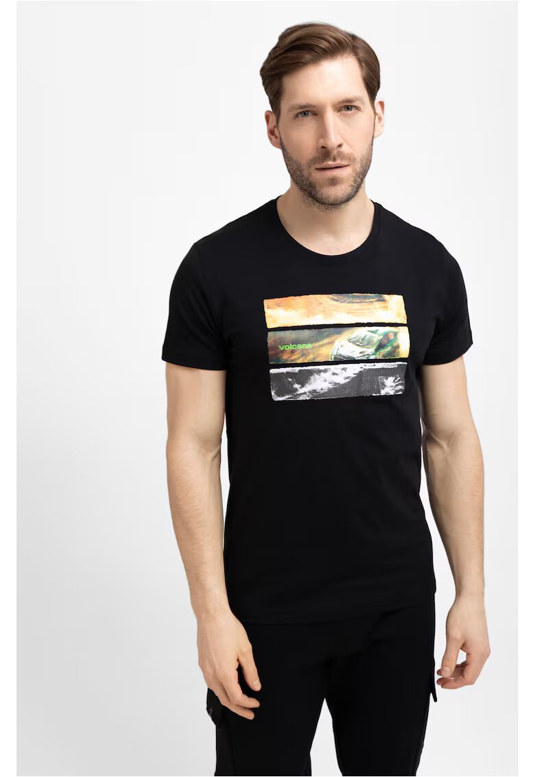 Volcano Tricou din bumbac pentru barbati T-Reli - negru cu imprimeu - Negru