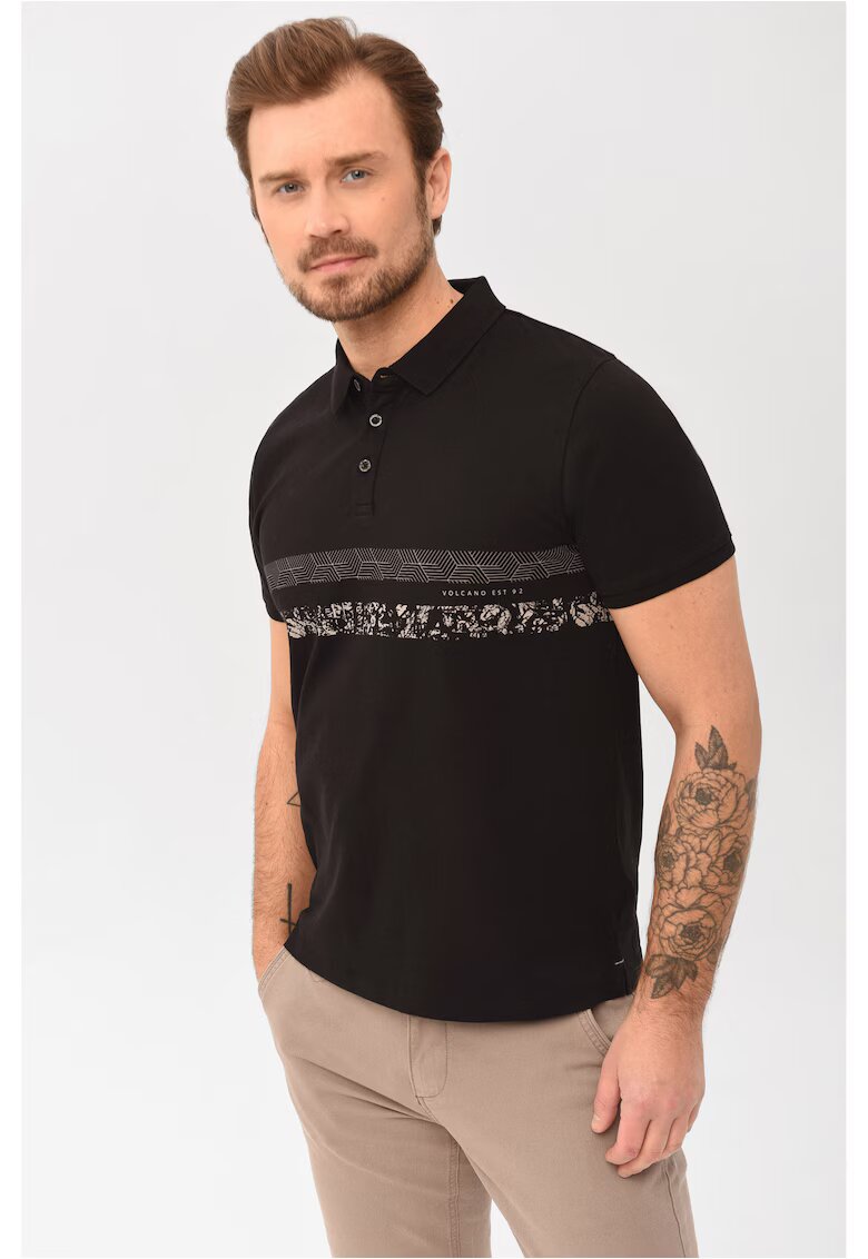 Volcano Tricou polo O-Stev pentru barbati - negru cu imprimeu