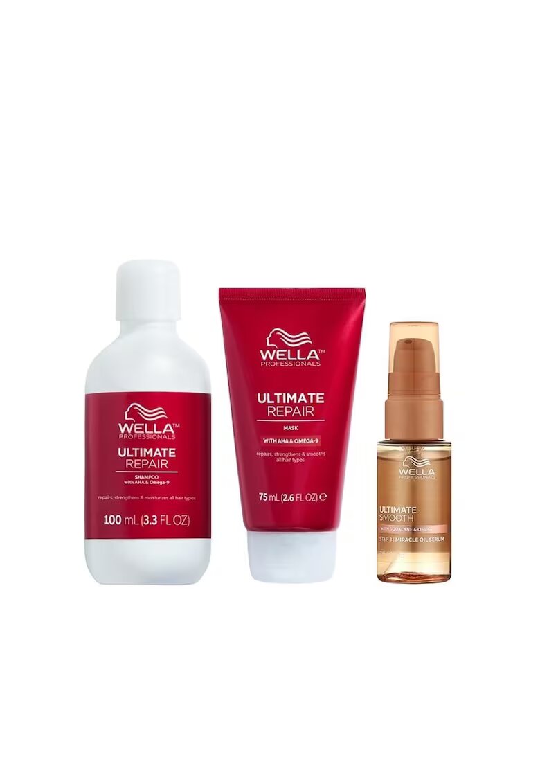 Wella Professionals Pachet Ultimate Repair & Smooth – Sampon 100 ml + Masca 75 ml + Ulei Miracle Serum Ultimate Smooth - 30 ml