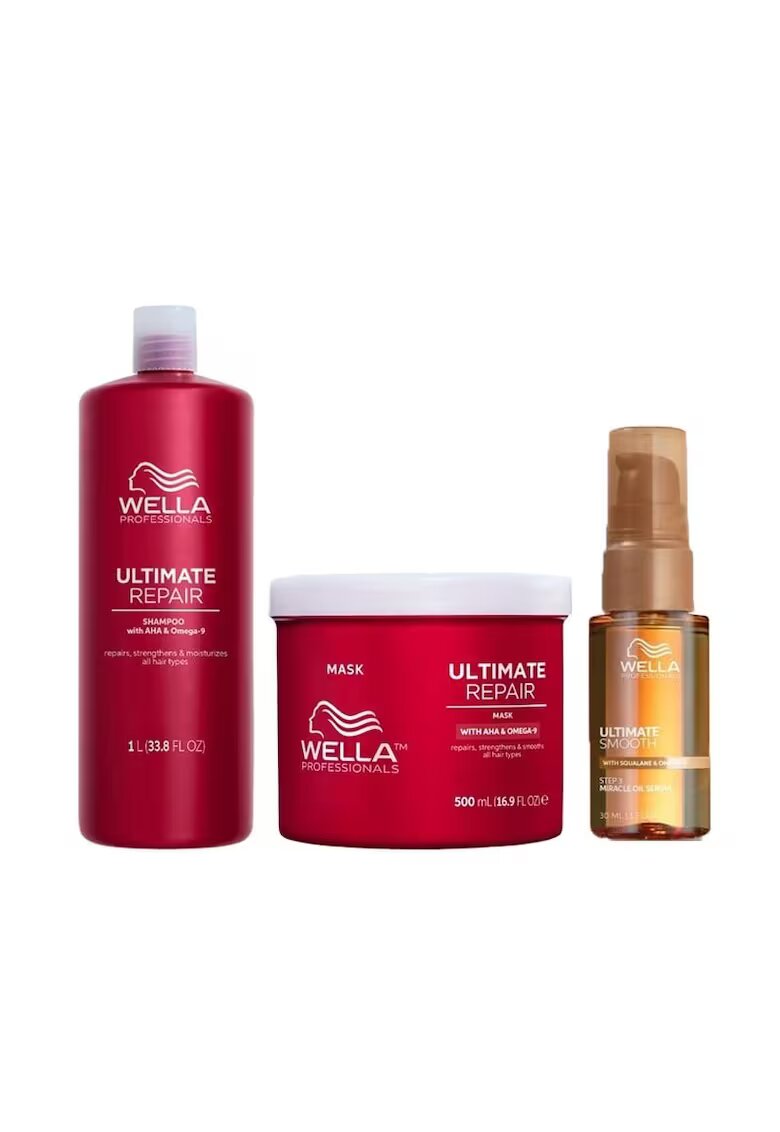 Wella Professionals Pachet Ultimate Repair & Smooth – Sampon 1000 ml + Masca 500 ml + Ulei Miracle Serum Ultimate Smooth - 30 ml