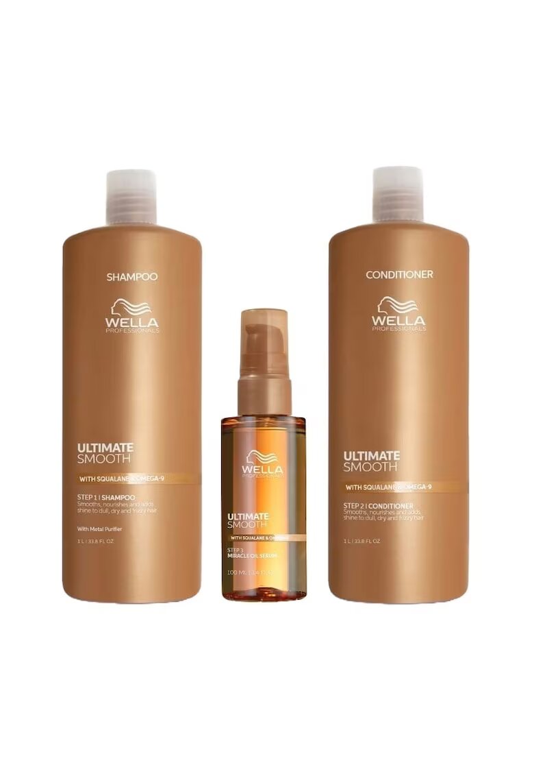 Wella Professionals Pachet Ultimate Smooth – Sampon - 1000 ml + Balsam - 1000 ml + Ulei Miracle Serum - 100 ml