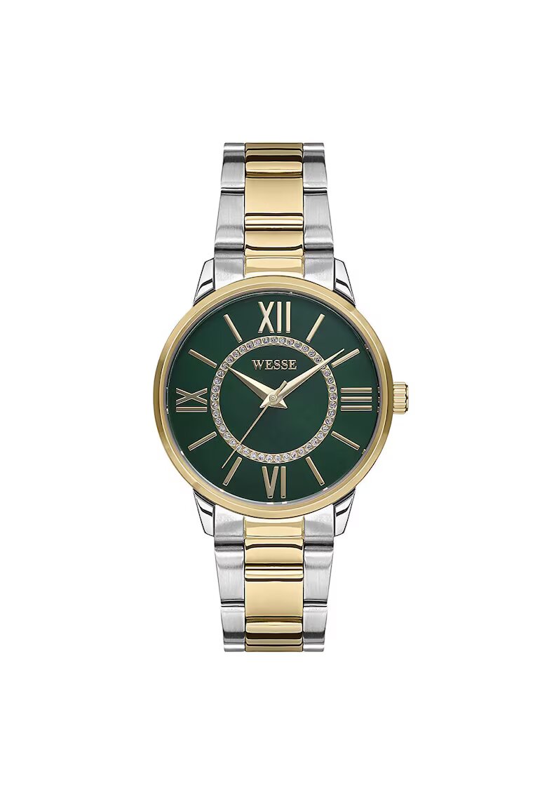 Wesse Ceas dama 36 mm - curea otel aurie - cadran verde - rezistent la apa 5 ATM
