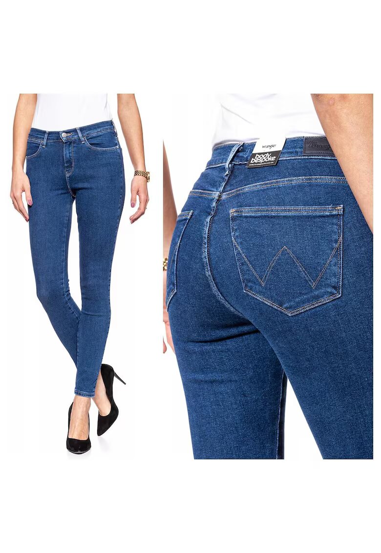 Wrangler Blugi Dama - Skinny Cu Talie Inalta - W24-L32 US - Bumbac - Zipper - Lung - 5 Buzunare 2 Mari 2 Medii Externe 1 Mic Intern - Talie Inalta - Albastru