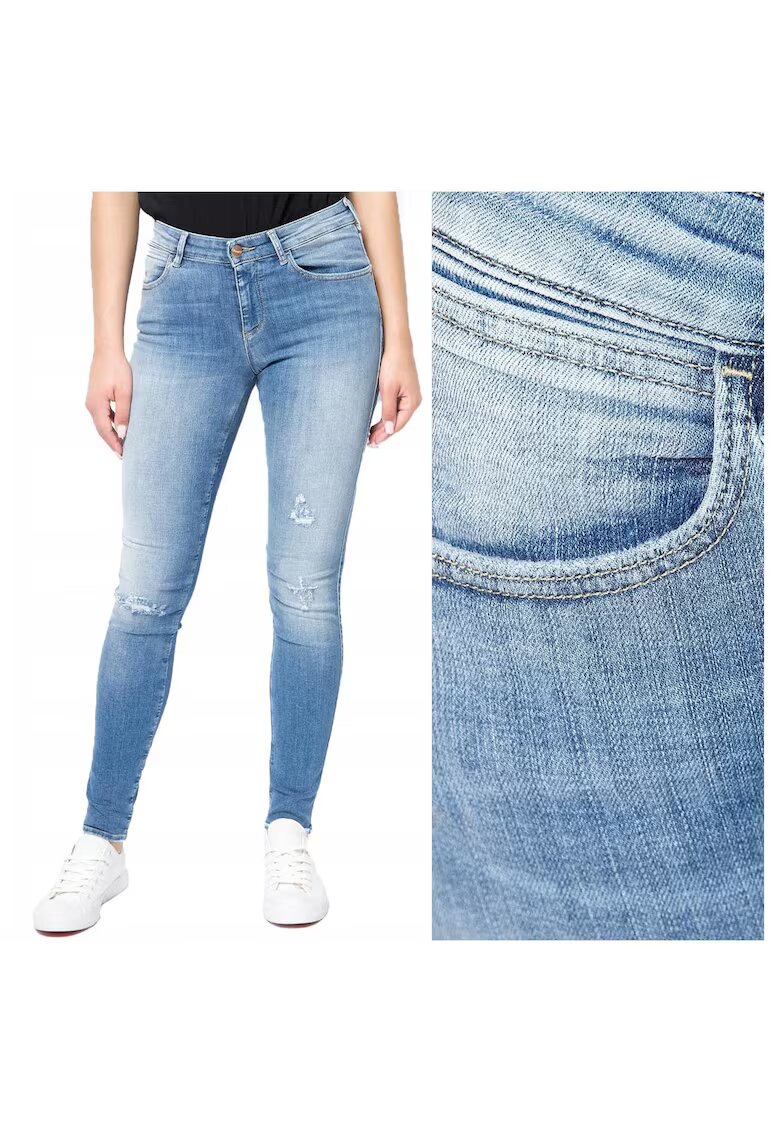 Wrangler Blugi Dama - Skinny - W24-L32 US - Bumbac - Zipper - Lung - 5 Buzunare 2 Mari 2 Medii Externe 1 Mic Intern - Talie Joasa - Albastru