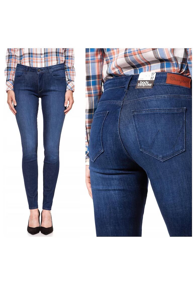 Wrangler Blugi Dama - Skinny W25-L32 - Bumbac - Zipper - Lung - 20 Buzunare 2 Mari 2 Medii Exterioare1 Mic Interior - Talie Joasa - Albastru