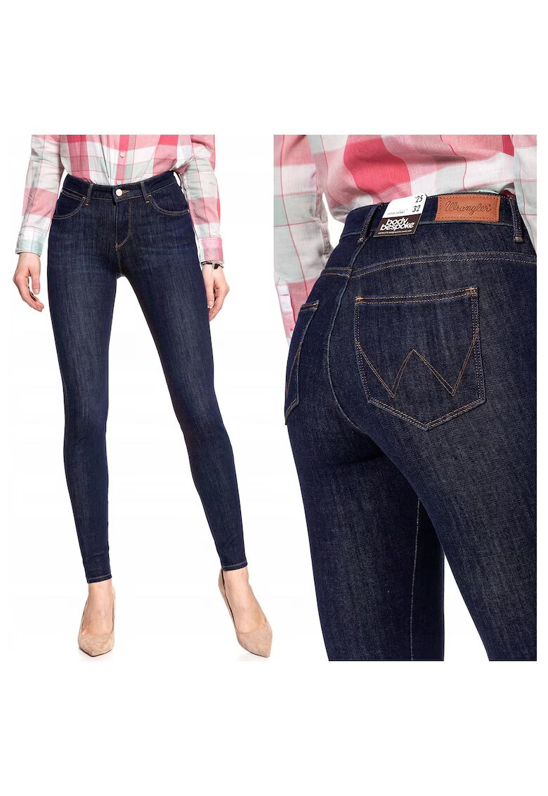 Wrangler Blugi Dama - Super Skinny W24-L32 - Bumbac - Zipper - Lung - 23 Buzunare 2 Mari 2 Medii Exterioare1 Mic Interior - Talie Joasa - Albastru