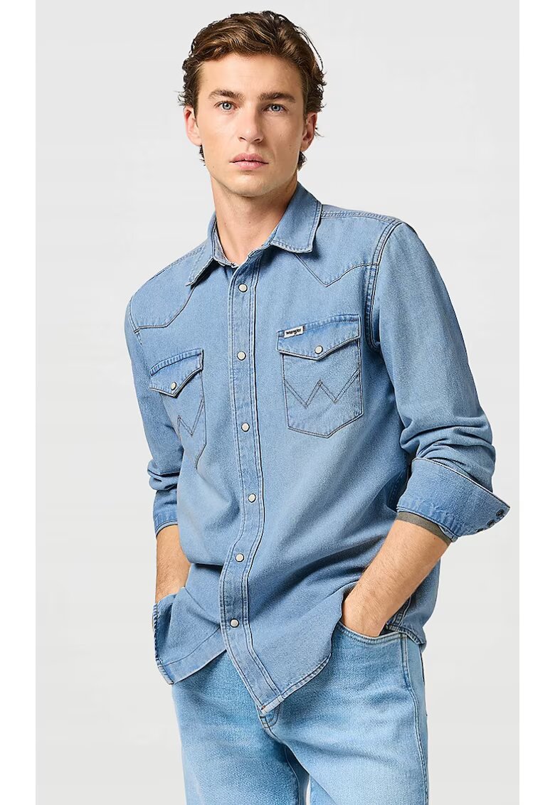 Wrangler Camasa barbati - denim - albastru - bumbac - maneca scurta - regular fit - Albastru