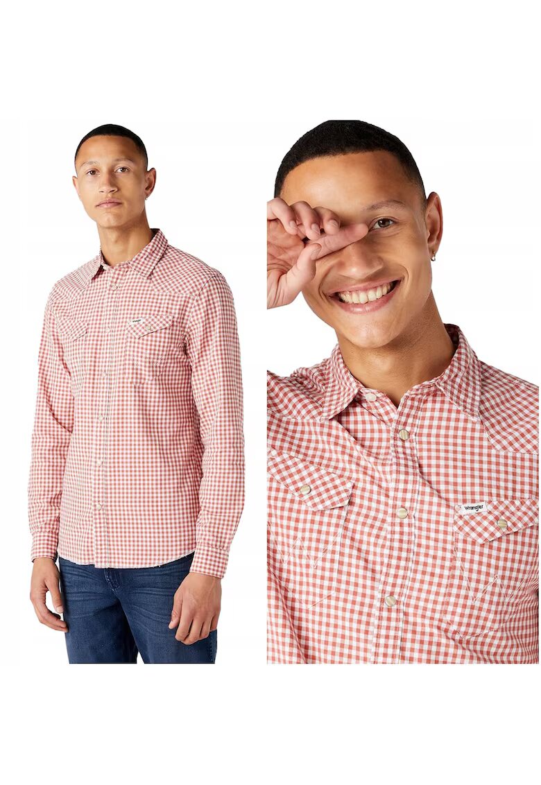 Wrangler Camasa Barbati - Ls Western Shirt - Slim Fit - Cu Capse - 2 Buzunare - 100% Bumbac - Eleganta - Confortabila - Ideala Pentru Zi Cu Zi - Marimea M - Rosu/Alb