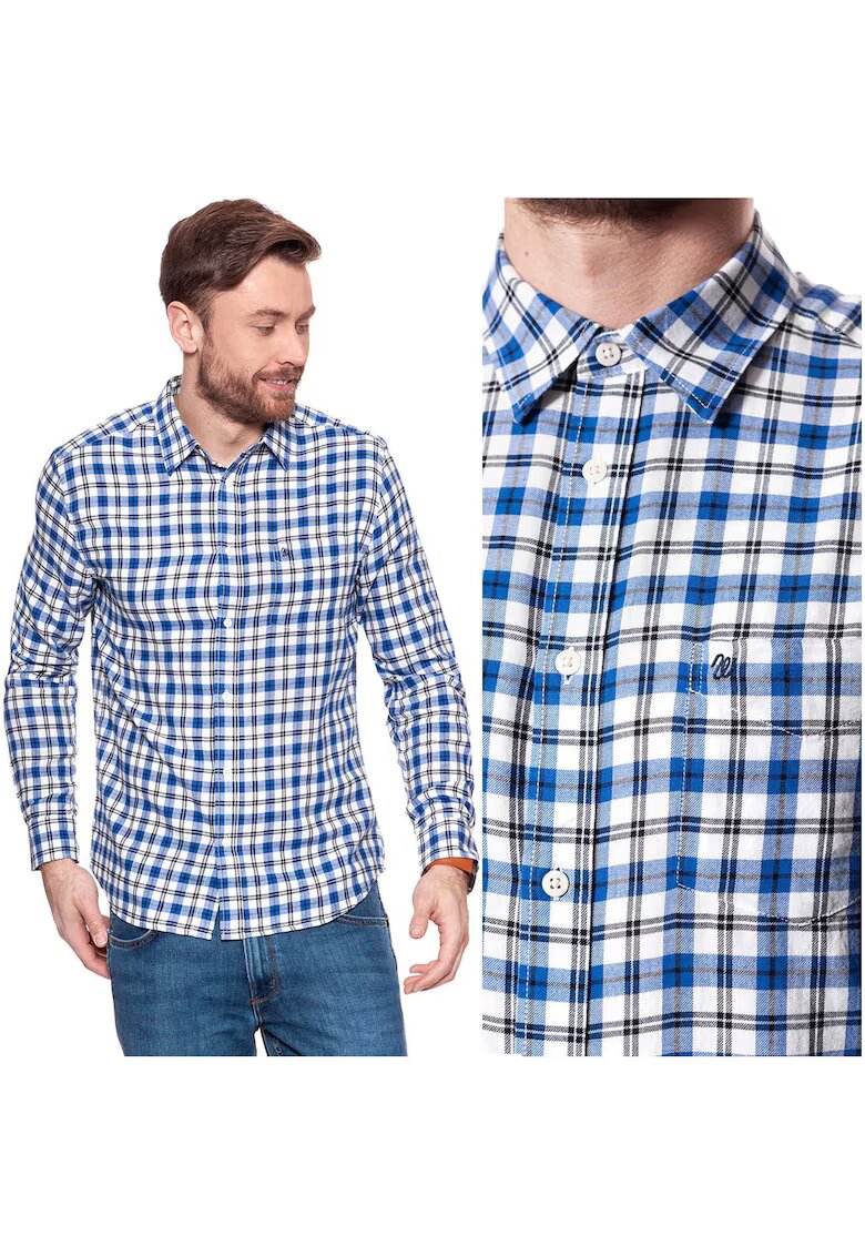 Wrangler Camasa Barbati - Model L/S 1PKT SHIRT - 100% Bumbac - Respirabila - Cu Guler Clasic - Cu Nasturi - Croiala Confortabila Regular Fit - Cu Buzunar La Piept - Marimea S - Albastru/Alb