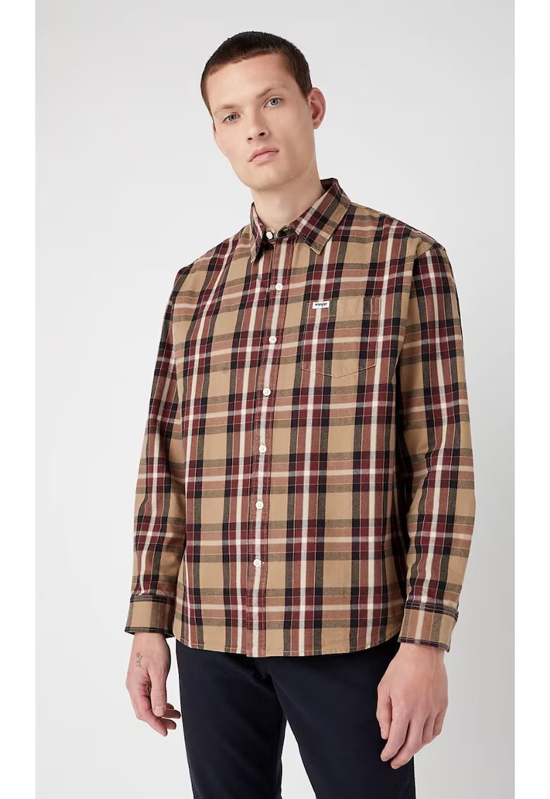 Wrangler Camasa barbati - model We Care - croiala regulata - carouri bej - bordo - negru si gri - bumbac