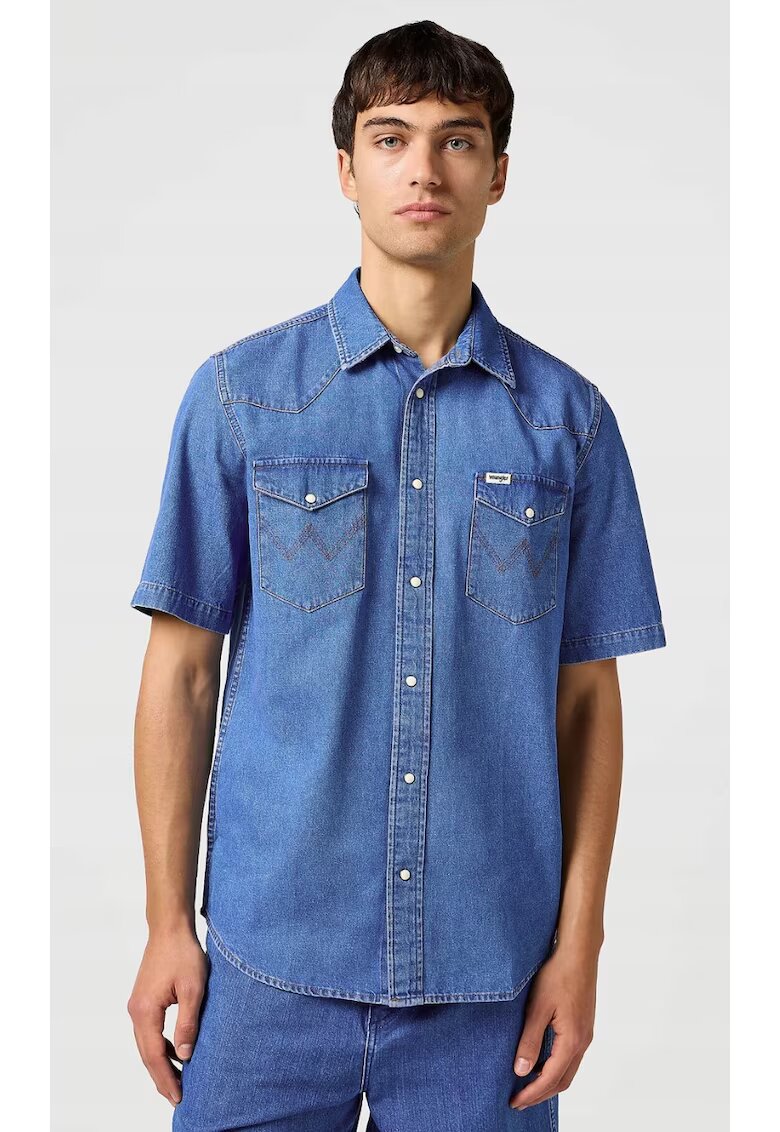 Wrangler Camasa barbati - model Western - maneca scurta - albastru - bumbac