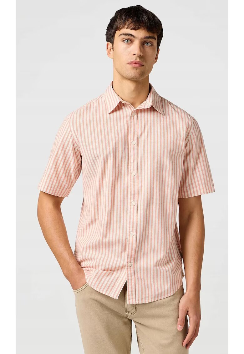 Wrangler Camasa barbati - SS Shirt - dungi roz - regular fit - bumbac - alb crem