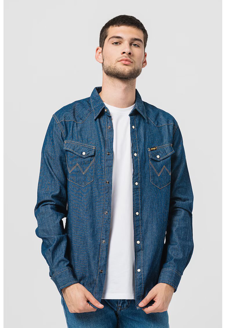 Wrangler Camasa de denim cu cusaturi contrastante Western - Albastru inchis/Alb murdar