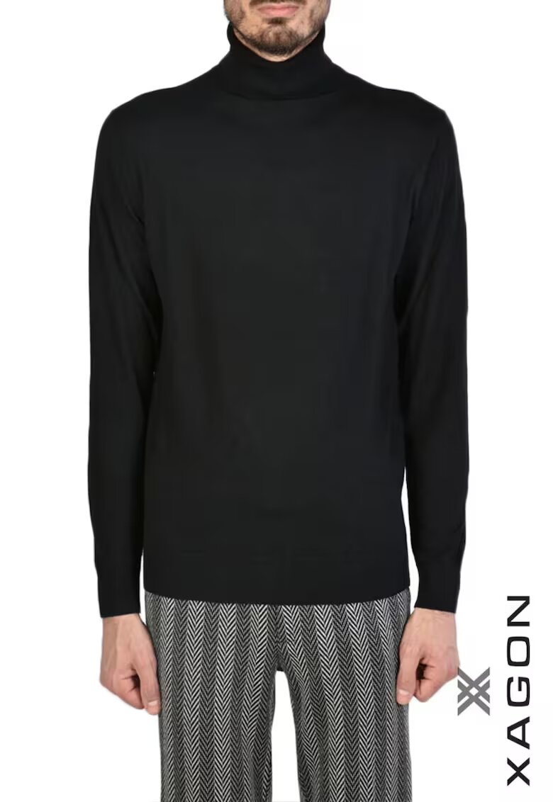 XAGON Pulover pe gat - cu guler reiat rulat cu bordura reiata la mansete - Negru
