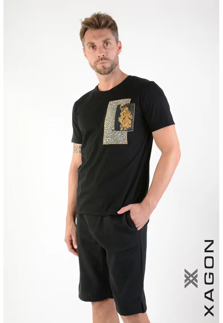 XAGON Tricou cu buzunar frontal cu animal print - Negru