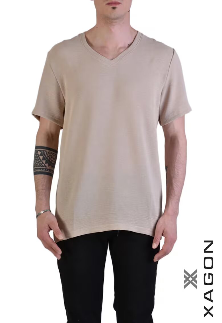 XAGON Tricou regular fit cu guler în V și aspect texturat - Bej