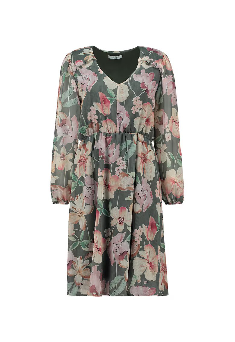 Zabaione Rochie midi cu decolteu rotund si model floral - Roz pastel/Piersica/Verde feriga