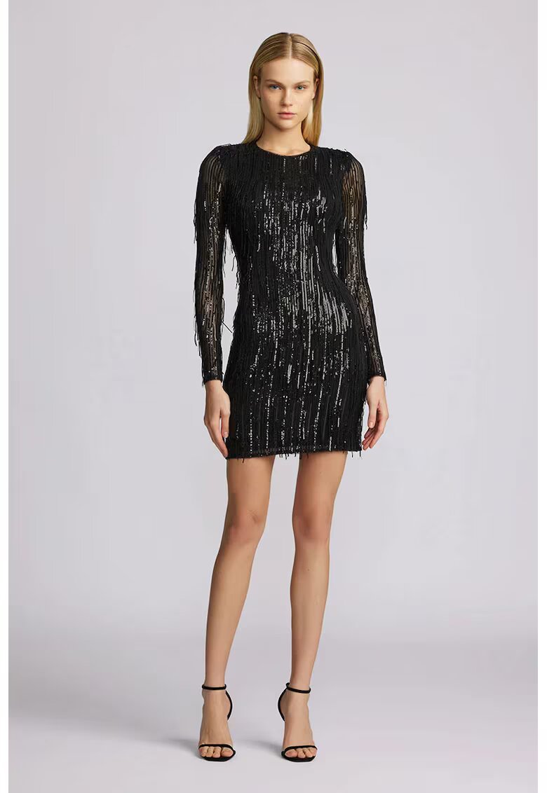 Zac Posen Rochie mini cu maneca lunga - franjuri si paiete - Negru