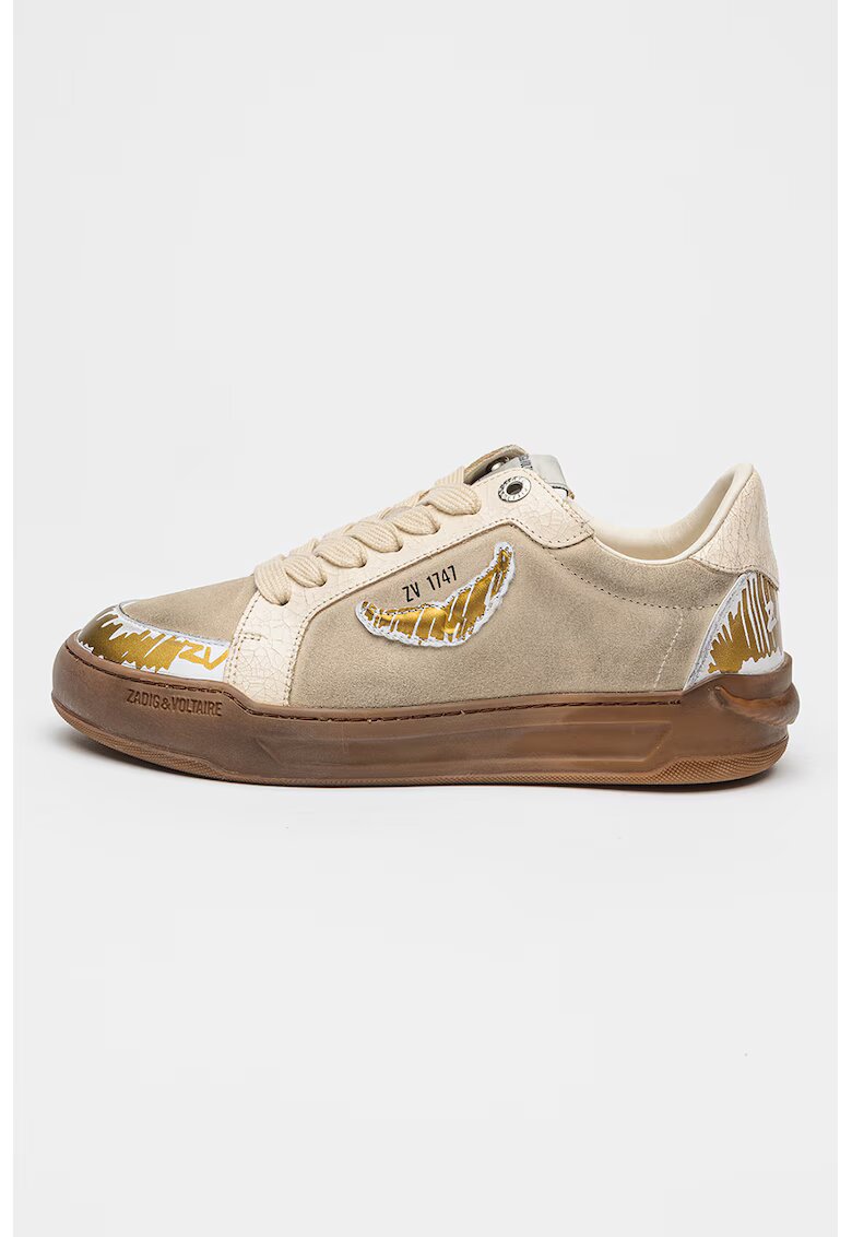 Zadig&Voltaire Pantofi sport din piele si piele intoarsa cu detalii contrastante - Gri cenusiu/Bej deschis