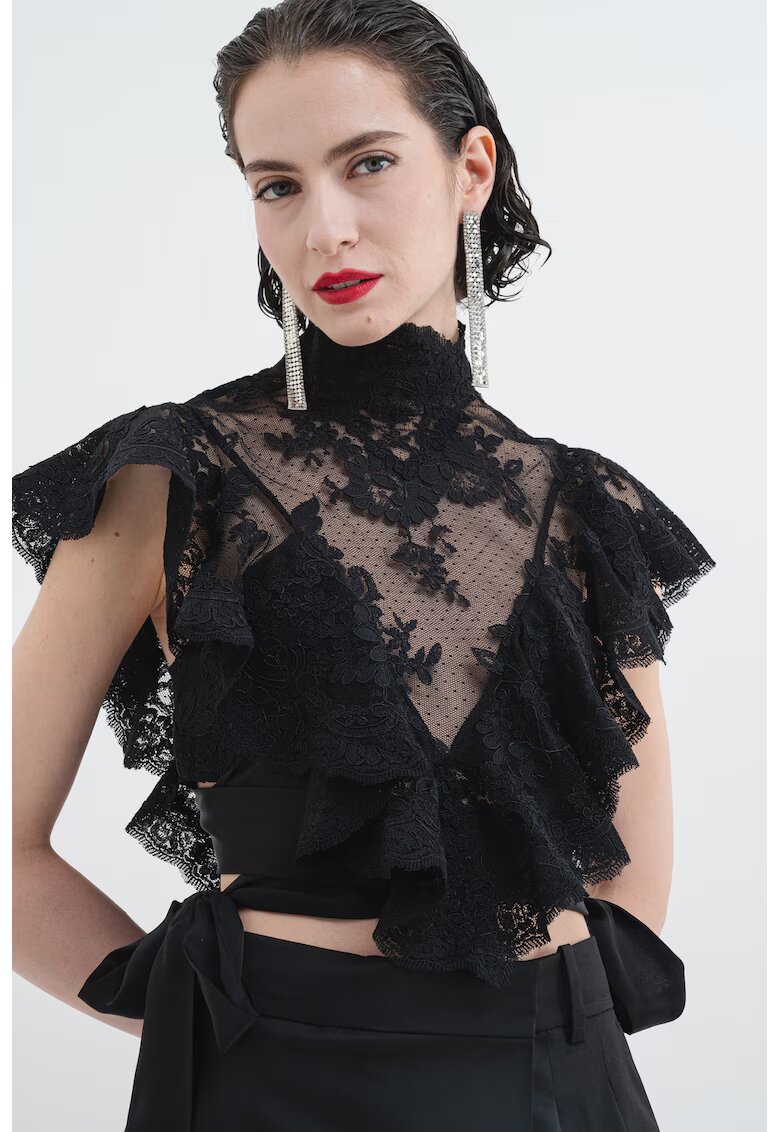 ZIMMERMANN Bluza crop cu volane - maneci scurte si insertii de dantela - Negru/Transparent