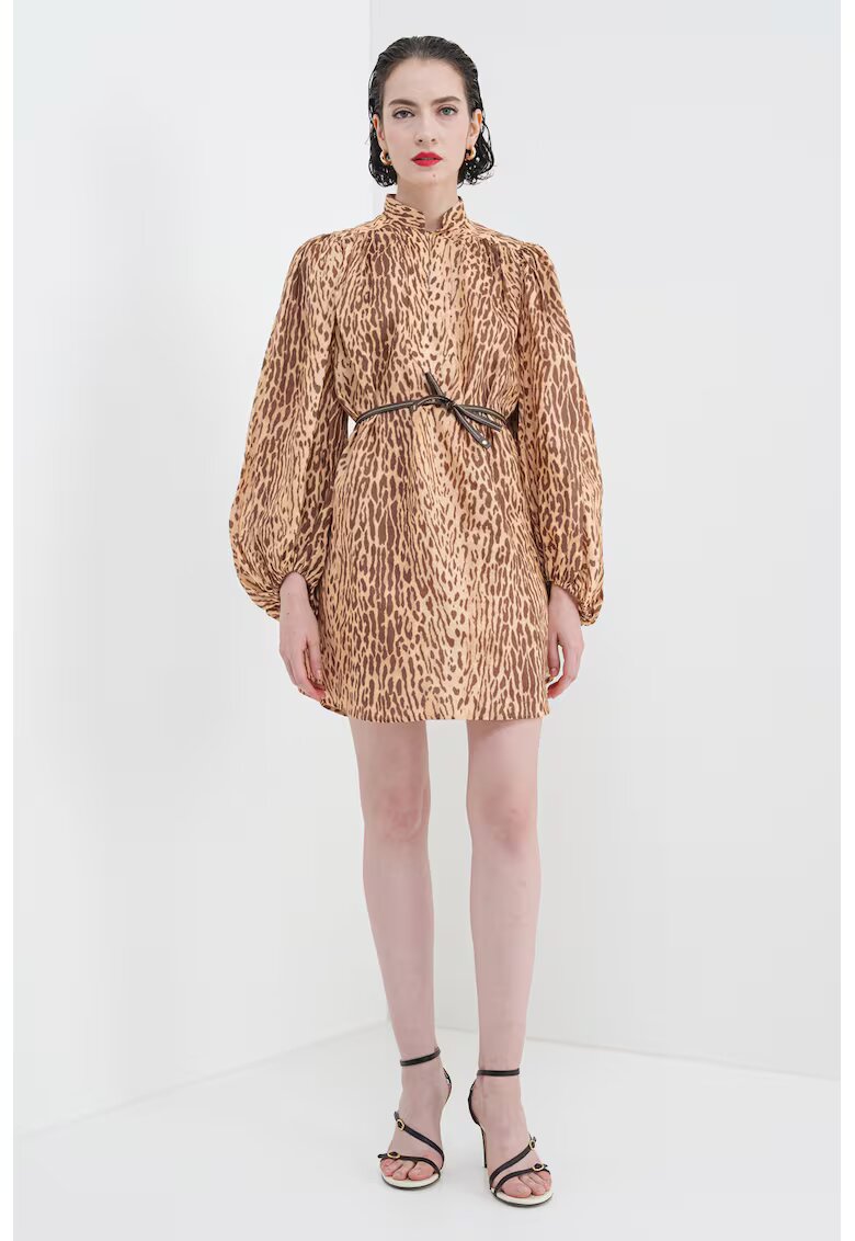 ZIMMERMANN Rochie de in cu animal print si guler scurt - Maro inchis/Maro deschis
