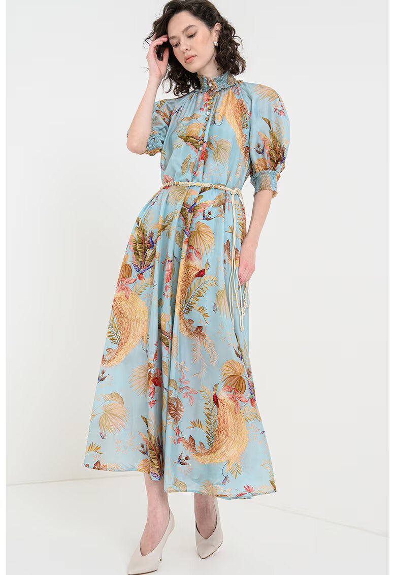ZIMMERMANN Rochie de matase cu imprimeu si croiala A - Albastru aquamarin/Coral/Verde deschis